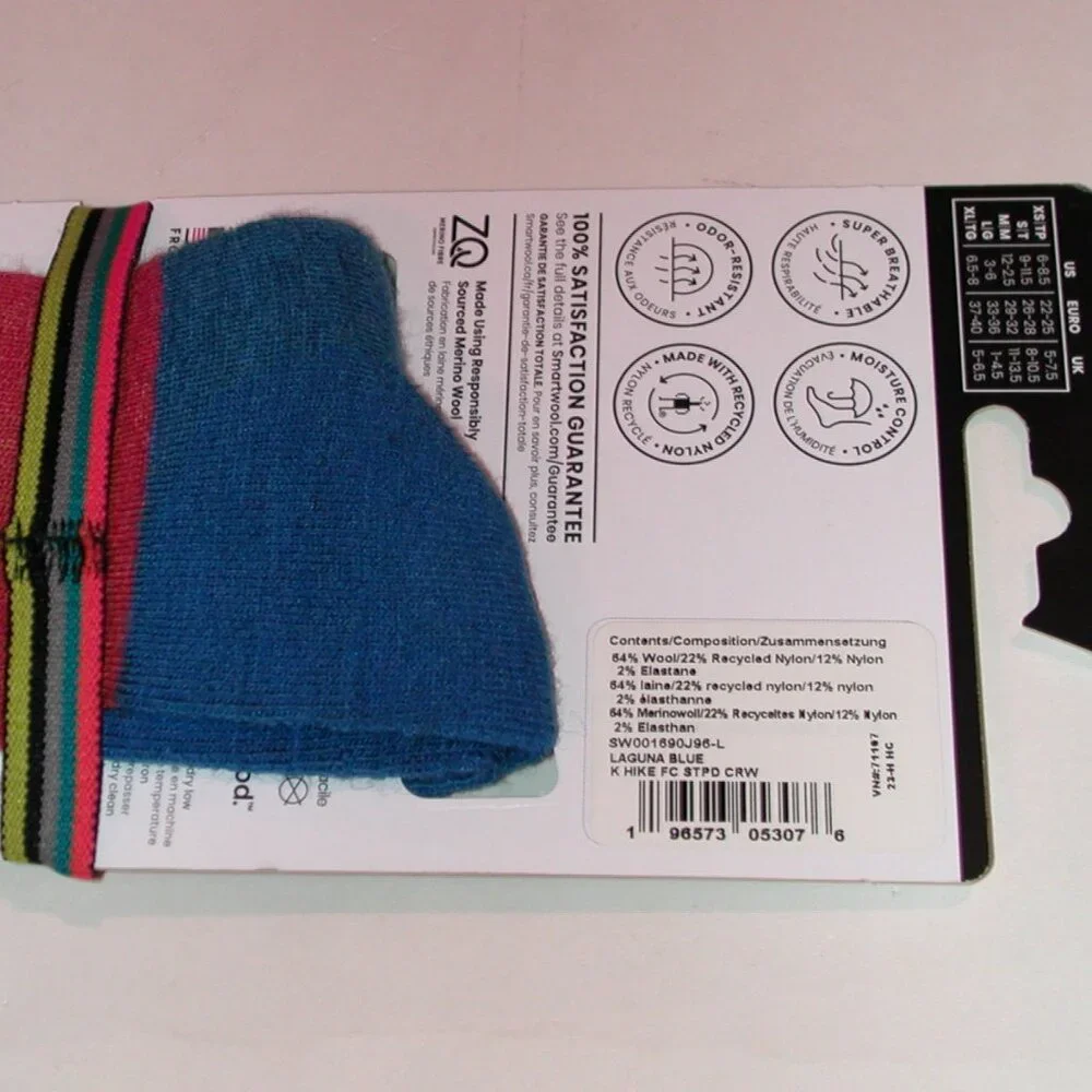3 Pairs SmartWool Kids Hike Full Cushion Striped Crew Socks LG Laguna Blue NWT